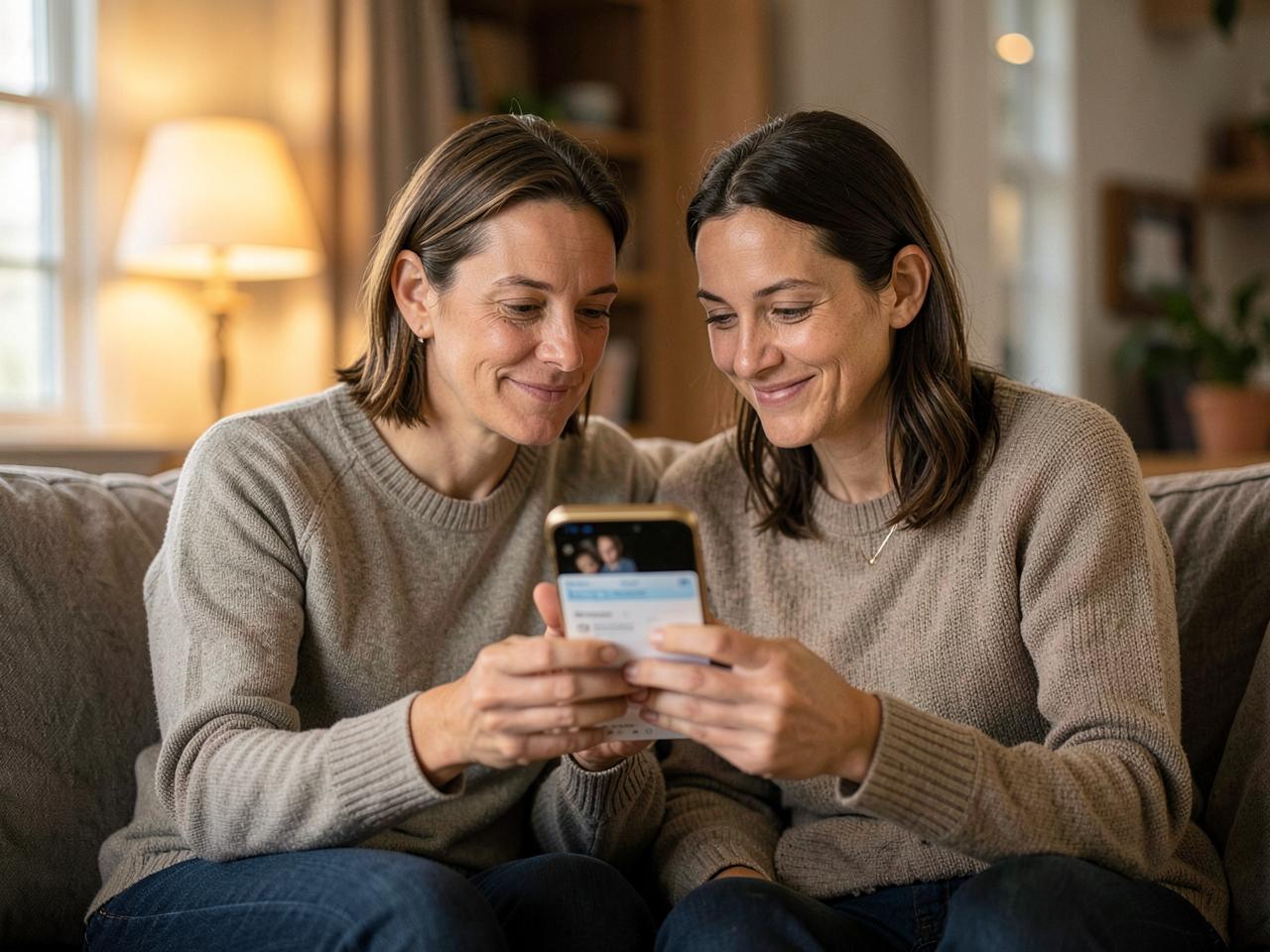 Twee ouders kijken 's avonds rustig samen naar het weekoverzicht van het gezin